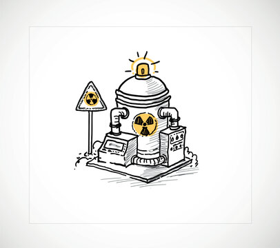 Portable nuclear reactor with dome, pipes, control panel and radiation warning sign. Doodle vector illustration for nuclear energy, small modular reactor, atomic power and technology design.