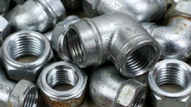 Closeup of rigid metal electrical conduit coupling hardware showcasing elbows couplings and locknuts designed for durable conduit connections in industrial installations.