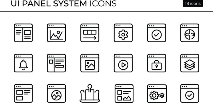 UI Panel System Icon Set With Outline Dashboard Window Symbols For Website App Layout And Control Design