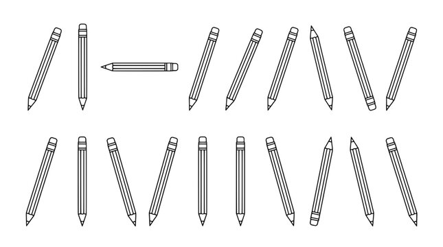 Pencils hand drawn set with various angles and orientations featuring sketch, drawing, writing with school and office elements for stationery, art