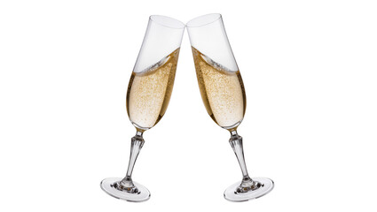 Two champagne flutes clinking with golden bubbly liquid © Nuria