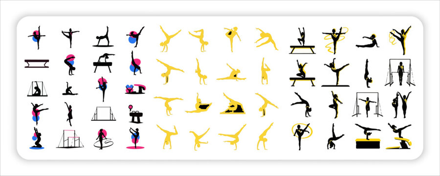 Gymnastics Silhouettes Set &ndash; Artistic Gymnast Poses, Acrobatics and Rhythmic Gymnastics Icons Collection