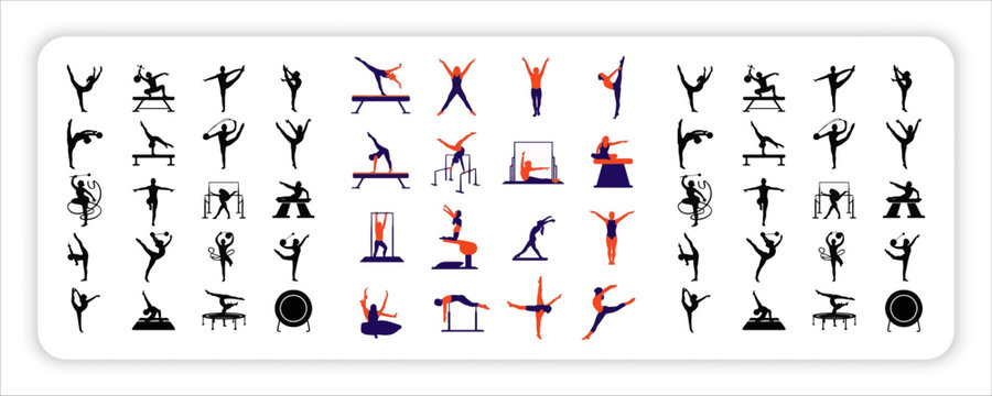 Gymnastics Silhouettes Set &ndash; Artistic Gymnast Poses, Acrobatics and Rhythmic Gymnastics Icons Collection