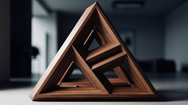 Geometric wooden sculpture with interlocking triangular design in modern room