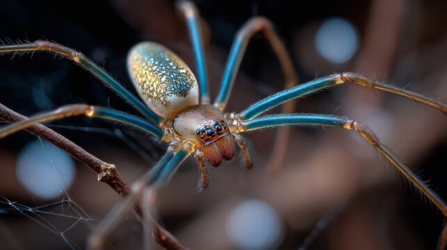 Macro closeup of a golden orb weaver spider with blue legs on a branch, detailed eyes and texture, high quality commercial stock photography
