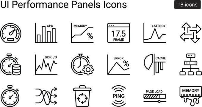 UI Performance Panels Icon Set With Outline Speed Metrics Monitoring Symbols For Dashboard And System Analytics Design