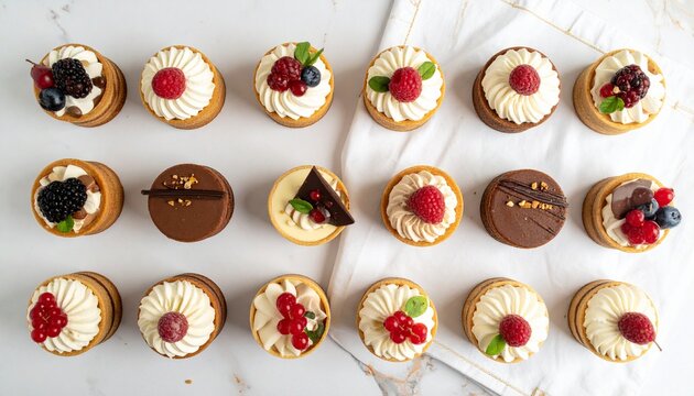 Delicious assorted mini cakes with cream and fruit toppings, presented on a clean surface