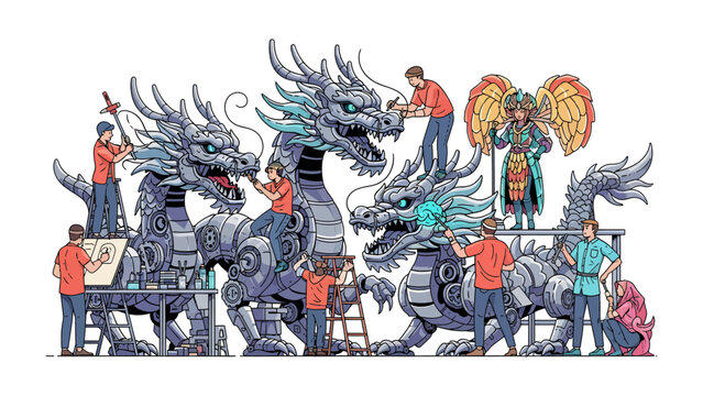 Dragon Parade Preparation: Artisans meticulously craft and assemble ornate dragon figures for a vibrant cultural festival, showcasing intricate details and collaborative effort in a lively scene.