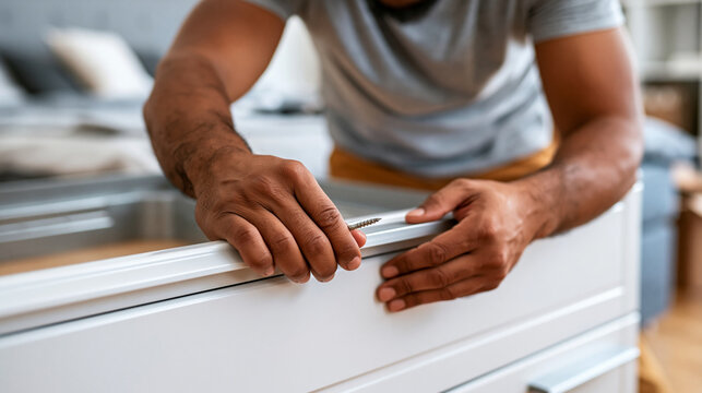 Close-up of a man's hands carefully assembling a new white furniture piece in a bedroom, furniture assembly concept, flat-pack furniture photography, home improvement lifestyle,