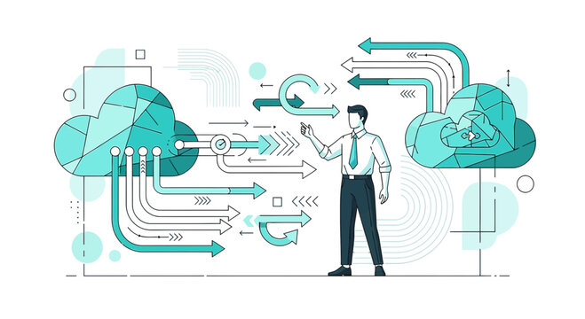 Businessman Managing Cloud Data Flow, Digital Transformation, Technology Concept