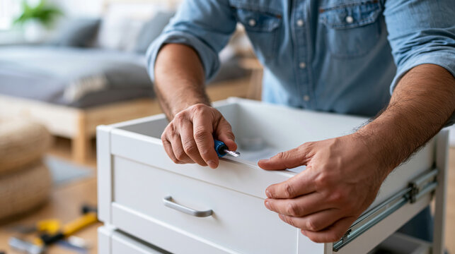 Close-up of a man's hands carefully assembling a new white furniture piece in a bedroom, furniture assembly concept, flat-pack furniture photography, home improvement lifestyle,
