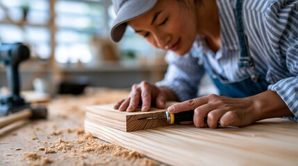 Obraz premium Close-up of a woman's hands working on a carpentry DIY project at home, home carpenter concept, DIY carpentry photography, home project lifestyle, defocused background, with copy