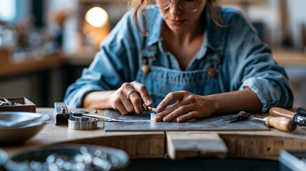 Fototapeta premium Close-up of a craftwoman's hands working on a detailed project at a workbench, artisan craft concept, craftwoman photography, handmade lifestyle, defocused background, with copy