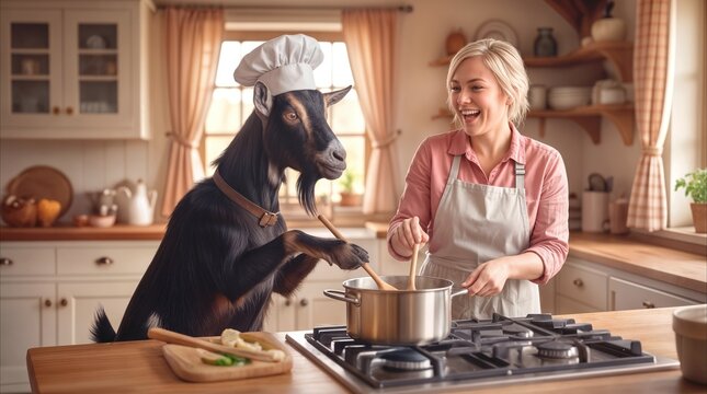 Goat wearing chef hat stirring pot with laughing woman in rustic kitchen. Humorous culinary concept of animal assistant helping with home cooking.