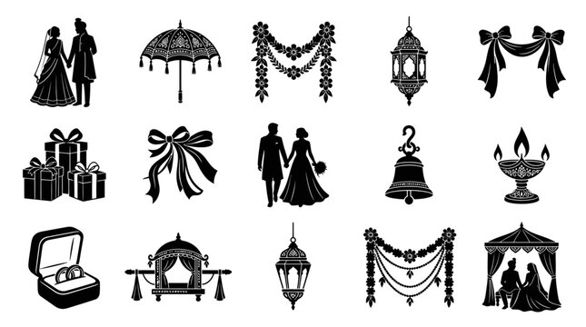 Traditional Indian Wedding Glyphs - Black  White Marriage Ceremony Icons Set