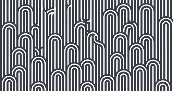 Seamless Twisted Line Pattern, vector linear tiling background with striped weaving, optical maze and twisted stripes in black and white abstract design.
