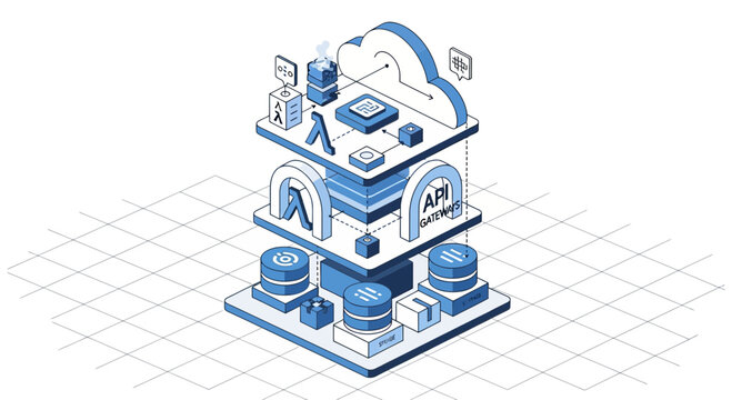 Cloud API Gateway Isometric Illustration: Data Flow, Microservices, and Computing