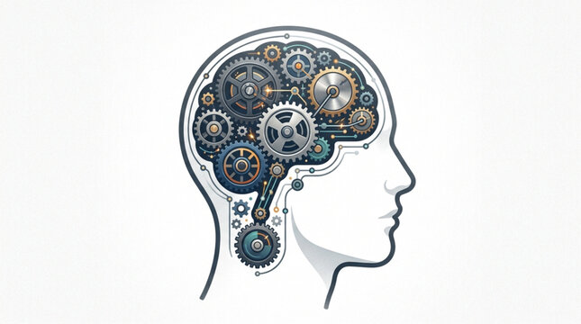 Mechanical brain with gears and cogs inside human head silhouette.