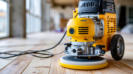 Fototapeta premium Close-up of a drum sanding machine on a wooden floor in a renovation space, floor renovation tool concept, sanding machine photography, flooring project lifestyle, defocused