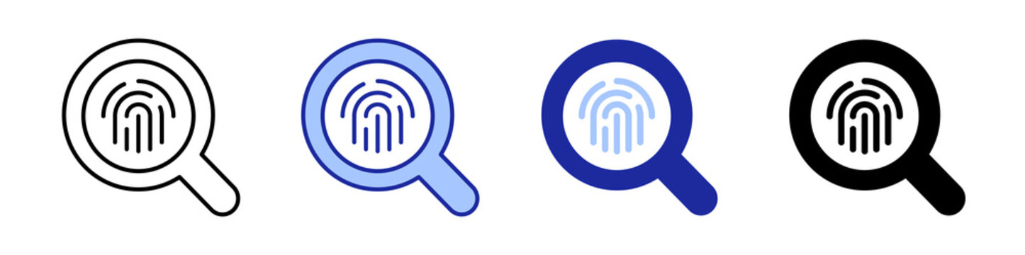 Fingerprint magnifying glass icon, minimal flat and outline style vector icon of a  fingerprint inside a magnifying glass in black, white and blue