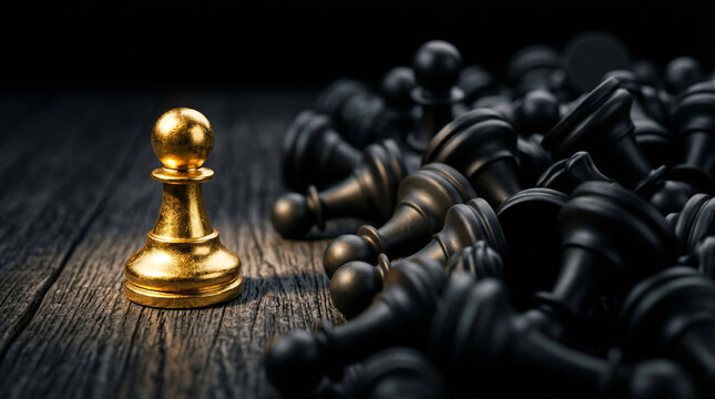 Golden pawn standing tall beside a pile of fallen black chess pieces