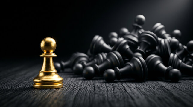Shiny golden pawn separated from defeated black pieces on wooden texture