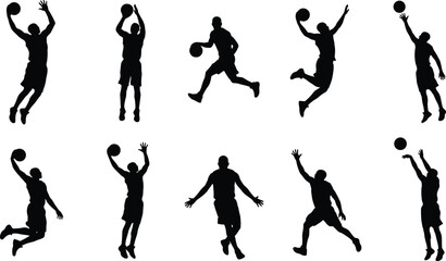 Basketball Player Silhouette Collection with Jump Shot, Dunk and Action Sports Poses Isolated on Light Background © MdShah