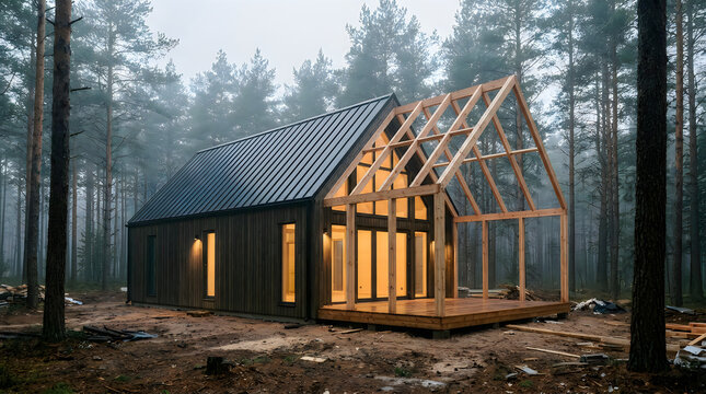 Modern aframe cabin under construction in a misty pine forest at twilight