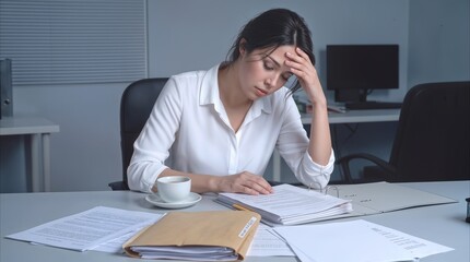 Naklejka premium Tired employee rubbing forehead while reviewing paperwork at desk. Exhausted office worker experiencing headache or burnout during late night shift.
