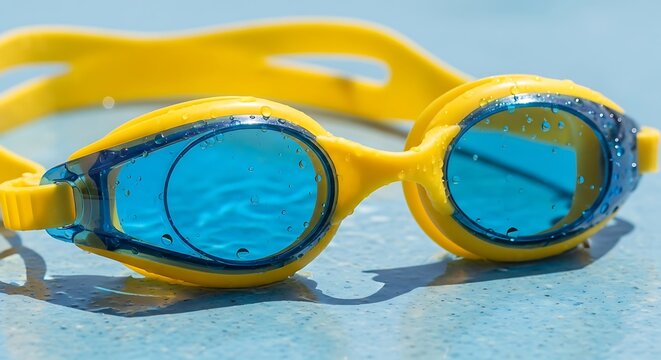 Yellow Swimming Goggles Reflecting Pool Water, Close-Up on Blue Surface.