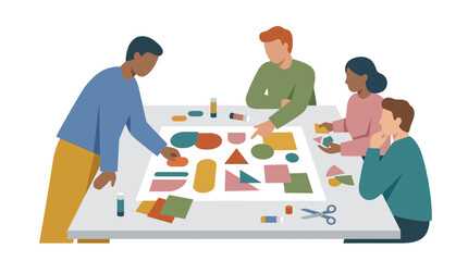 Fototapeta premium Diverse group collaborating on a futuristic remote workspace project in a flat vector illustration.