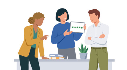 Fototapeta premium Diverse team collaborating in a futuristic digital workspace on a high-rated project illustration.