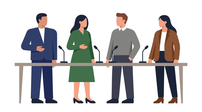 Professional team at a futuristic office table discussing remote work in a flat vector style.