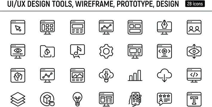 UI UX Design Tools Icon Set With Outline Wireframe Prototype Website And Creative Interface Symbols Design