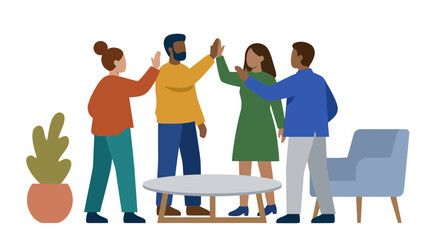 Obraz premium Diverse team giving high-fives in a vibrant futuristic remote workspace flat vector illustration.