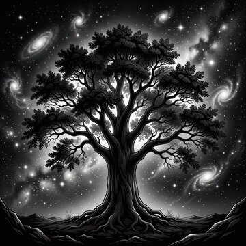 Majestic Tree with Sprawling Roots under Cosmic Sky