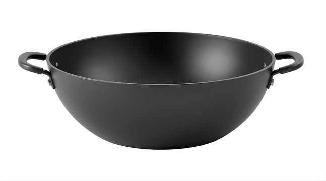 Sturdy black cast iron wok with two handles perfect for stirfrying and deepfrying.