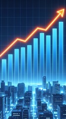 Fototapeta premium Glowing financial bar chart and rising arrow line over futuristic city skyline. Concept of economic growth and stock market success in digital urban environment.