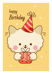 Fototapeta premium Cute Kawaii Cat with Gift Box and Party Hat. Happy Birthday Greeting Card Vector Illustration.