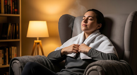 Fototapeta premium Woman relaxing in armchair at home with eyes closed.