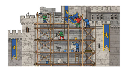 Castle Construction: Medieval workers meticulously construct a grand stone castle. © Abdul