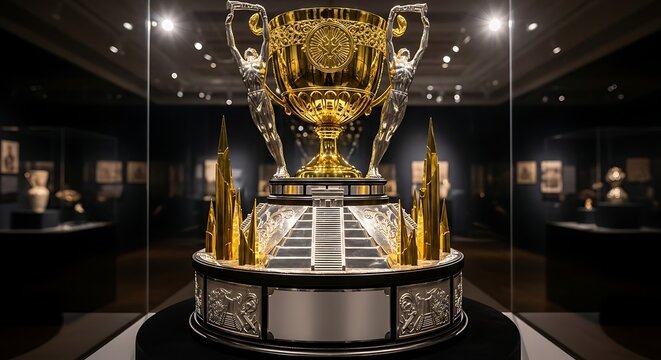 Ornate golden championship trophy displayed inside a glass case at a prestigious sports museum