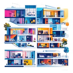 Fototapeta premium Colorful isometric city block with modern buildings.