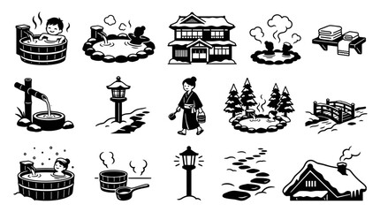 Obraz premium Japanese Onsen Icons Set, Black and White Line Art, Hot Spring Baths and Traditional Scenery