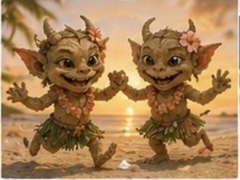 Two cute fantasy creatures with horns and flowers in their hair dancing on a beach at sunset, wearing leis and grass skirts.
