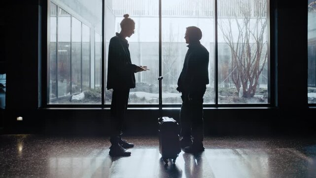 Two silhouetted figures exchanging a suitcase for an envelope full of money in a shady deal