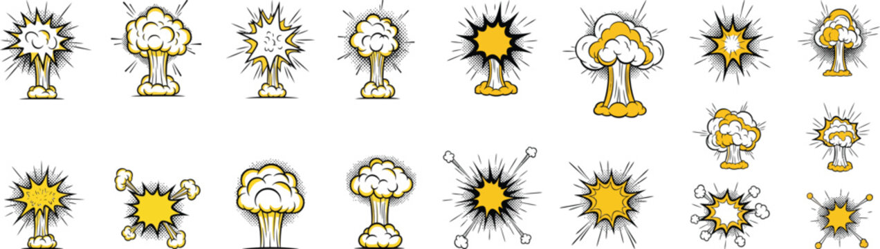 Comic book explosion, bomb blast, and nuclear mushroom cloud icon set