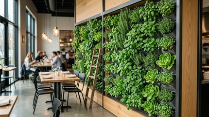 Obraz premium Restaurant Green Wall with Edible Plants and Fresh Herbs Sustainable Urban Dining