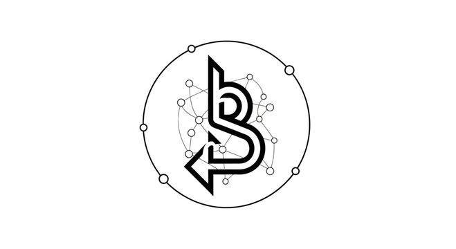 Abstract Letter B Logo Design with Network Nodes and Arrow Symbol