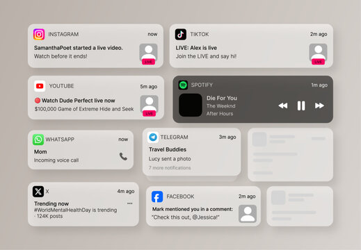 ios notification mockup. Instagram, TikTok, YouTube, Spotify, WhatsApp, Telegram, X and Facebook notification mockup collection with social media and social network mobile ui templates